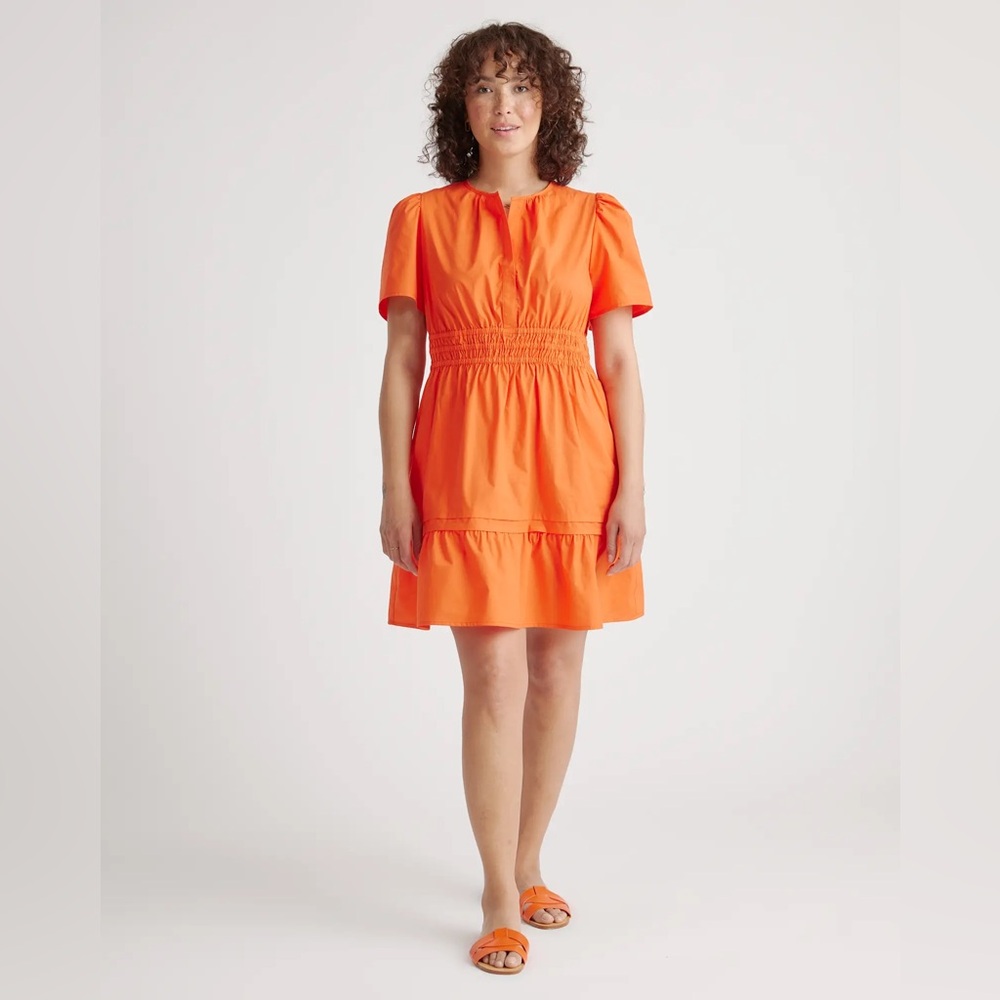Quince 100% Organic Cotton Poplin Tiered Mini Dress XL Vermilion Red (Orange)